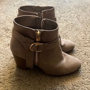 NEW LOW PRI$E! Taupe suede heels with gold buckle